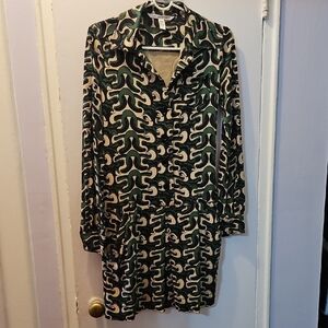 Diane Von Furstenberg Green and Cream Long Sleeve Dress